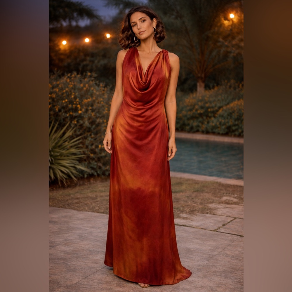 Satin Cowl Neck Maxi Dress in Rust